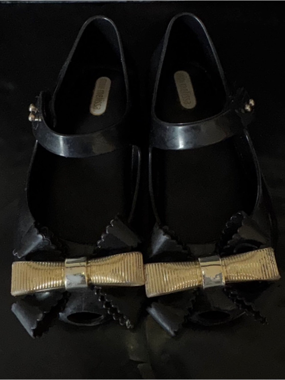 Mini Melissa Baby Girl Black Mary Jane Flats with Gold Bow